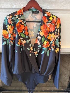 ZARA Black Floral Wrap-Front Bodysuit with Orange & Yellow Blooms